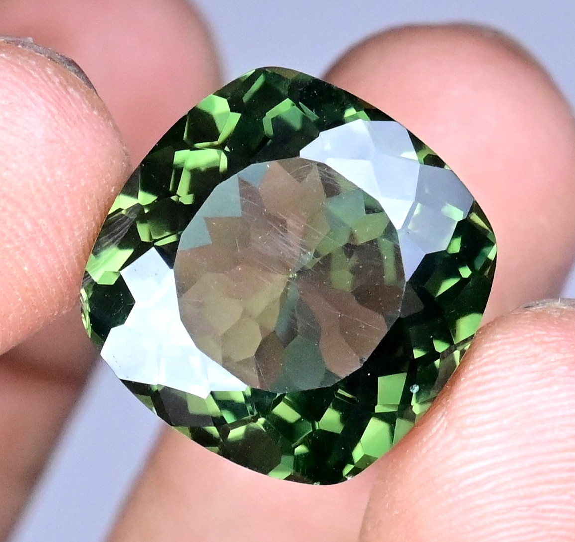 20.00 Ct Flawless Natural Greenish Moldavite Cushion Cut Certified Gemstone
