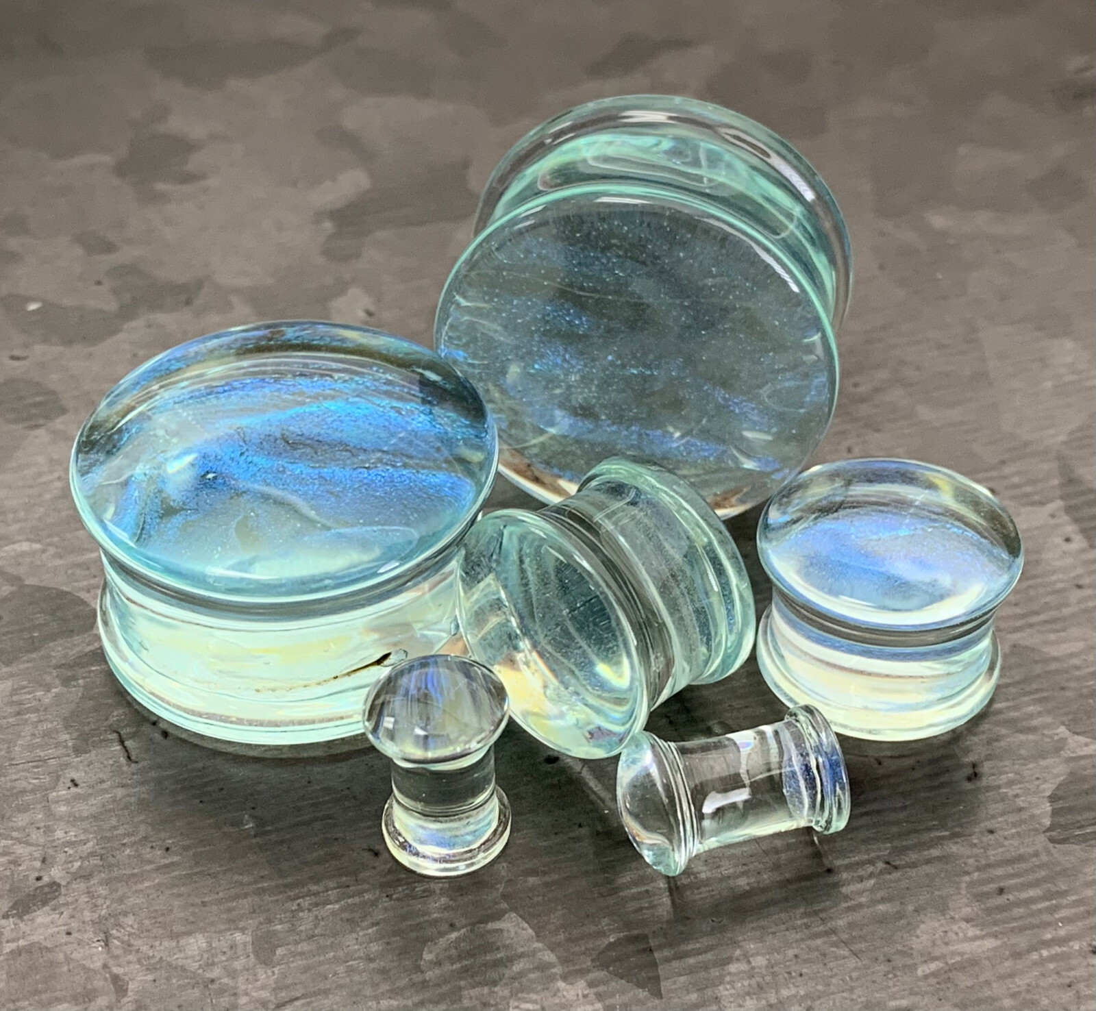 PAIR Blue Green Ocean Iridescent Glass Double Flare Plugs Gauges Body Jewelry