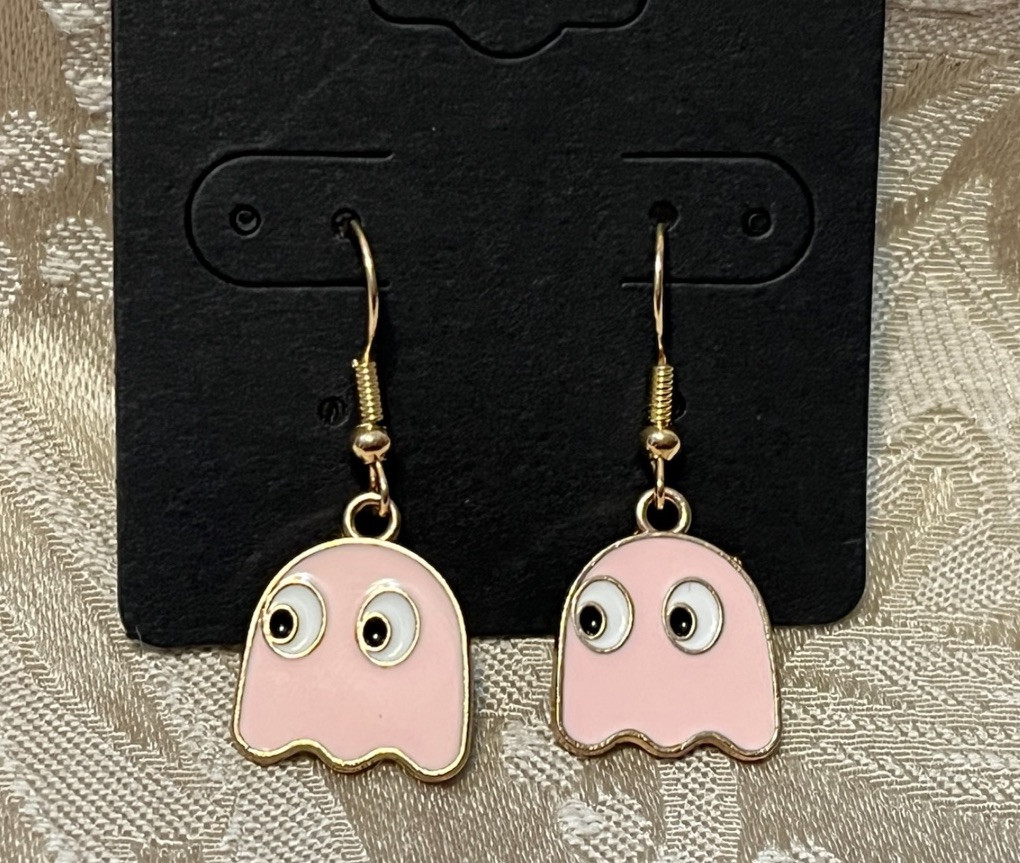 PAC Man PINKY PINK Ghost Gold Loop Enamel Drop Dangle Adorable Earring Set