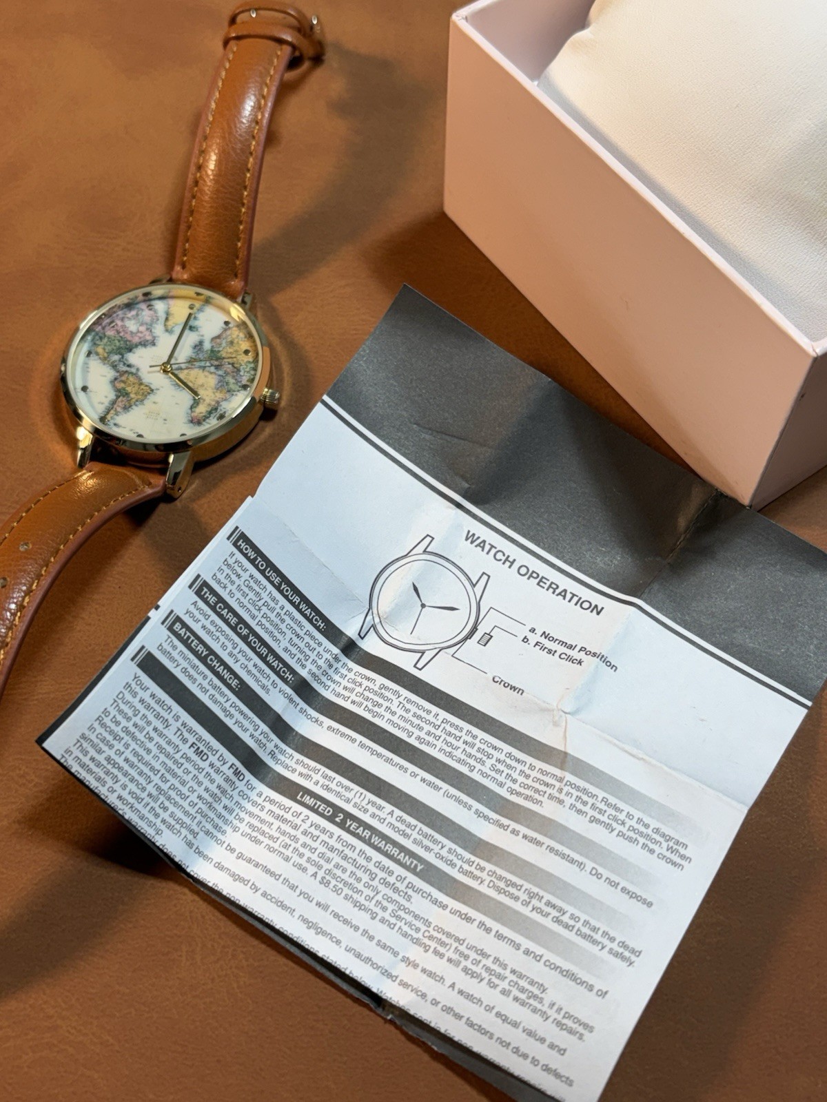 World Map Francescas Women’s Quartz Watch Gold Tone Ladies Leather Band,Box