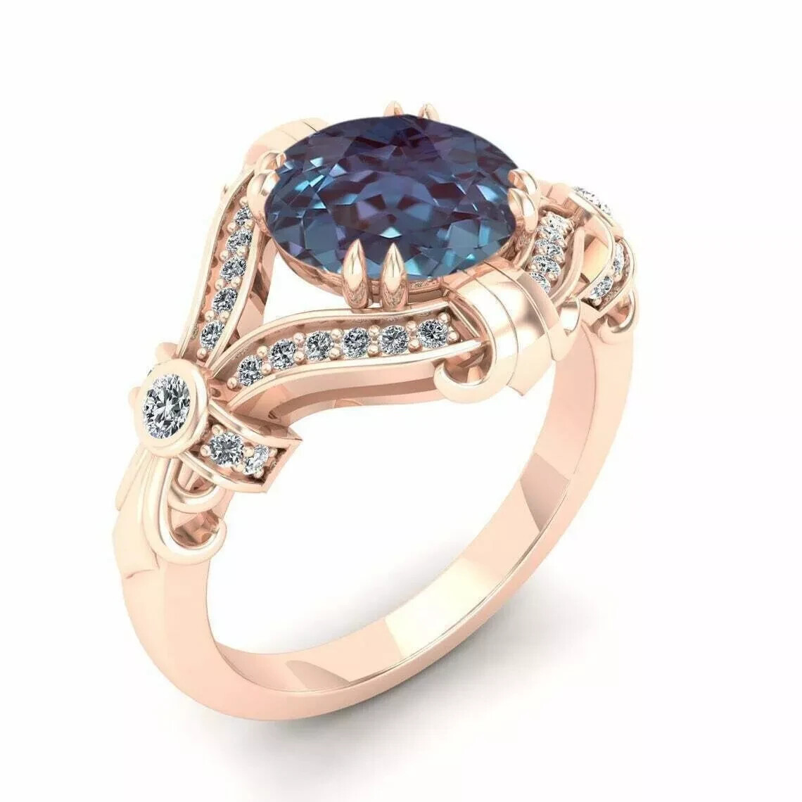 3Ct Art Deco Style Alexandrite Lab-Created Diamond Wedding 14K Rose Gold FN Ring