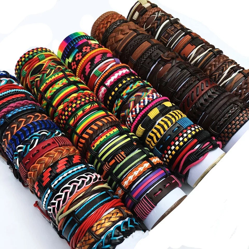 30pcs Bulk Vintage Leather Cuff Bracelets Mixed Style Colorful Jewelry Wholesale
