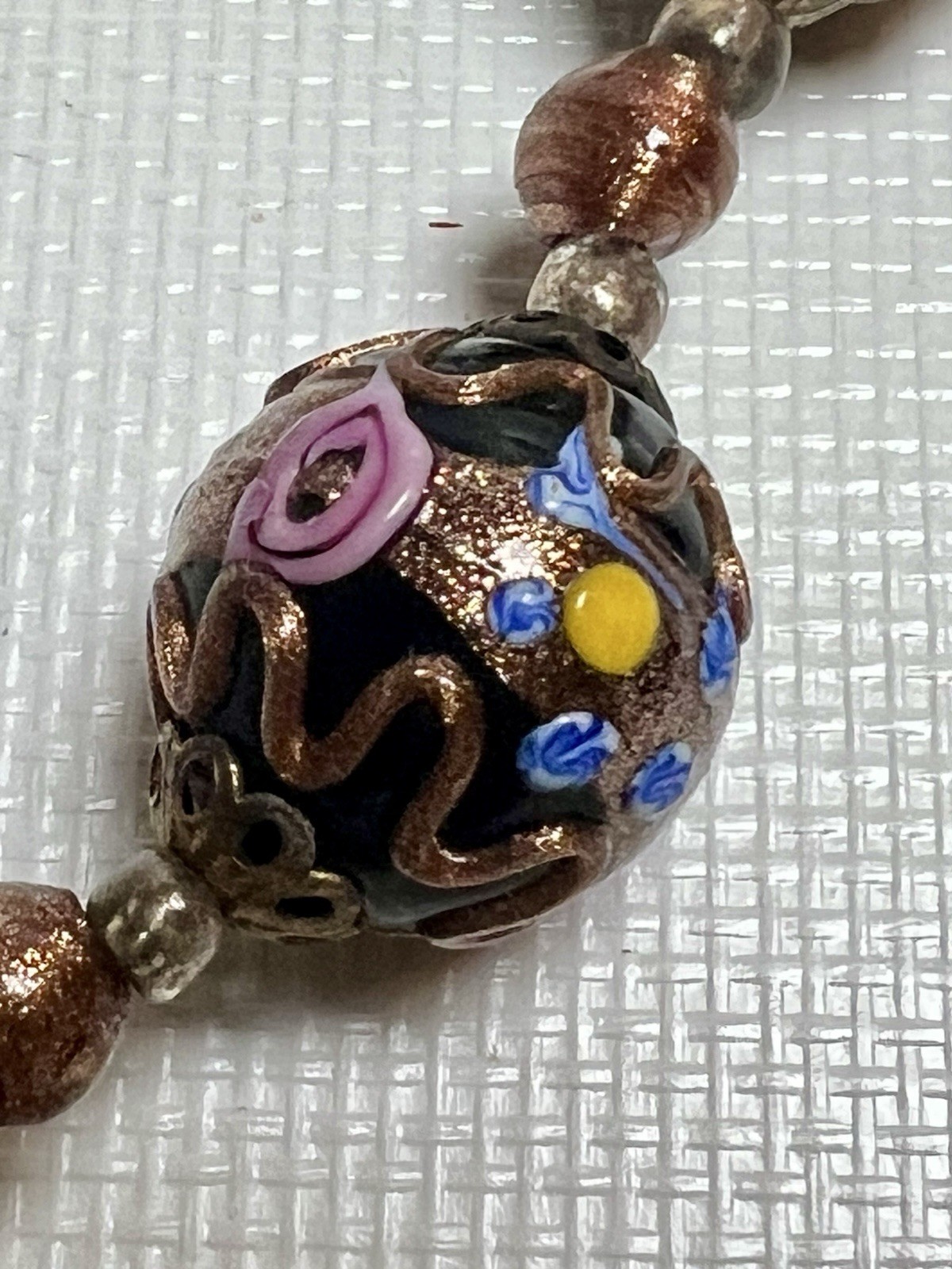 Vintage Venetian Wedding Cake Black Pink Blue Copper Glass Beaded Necklace 18″