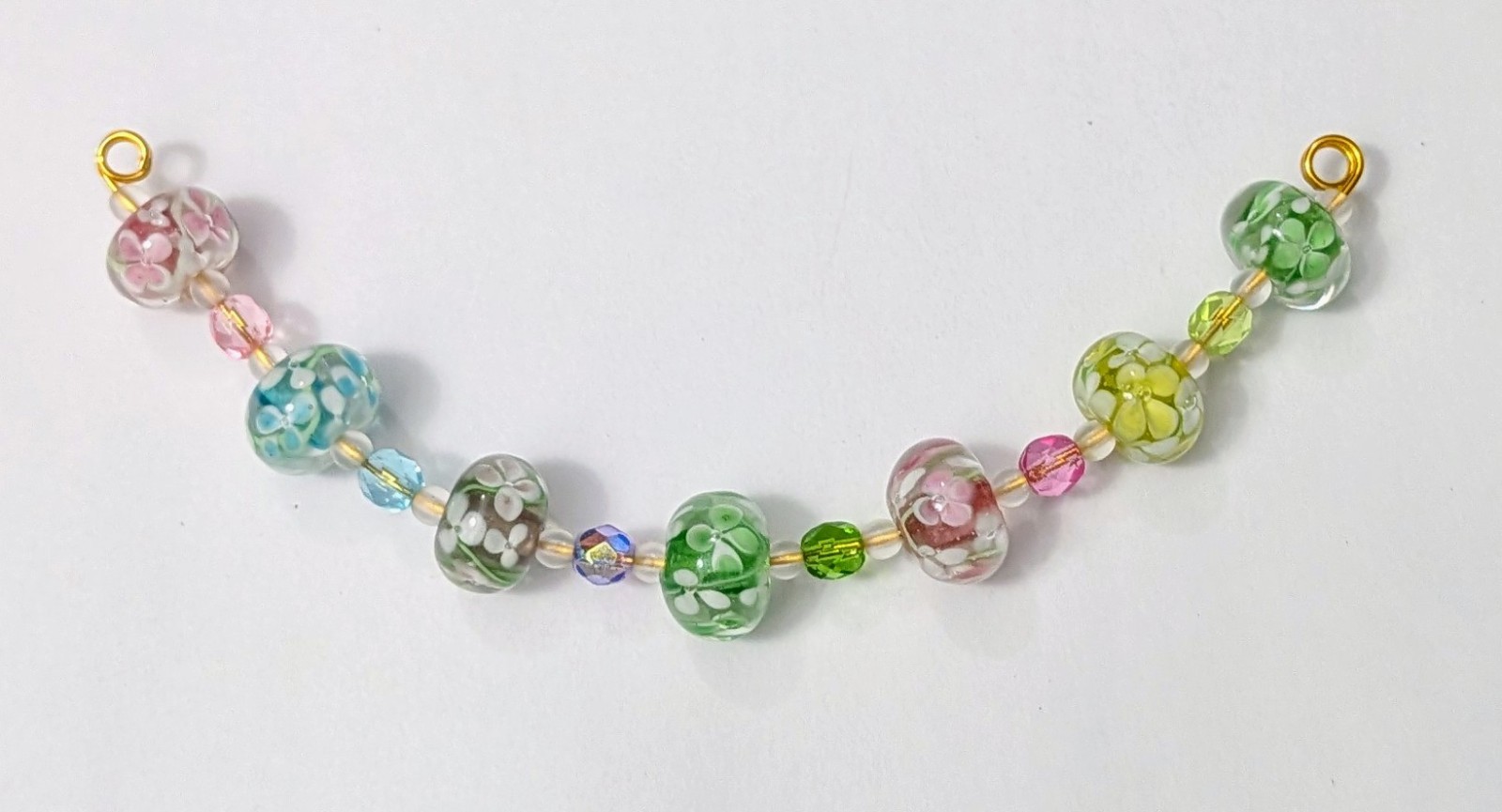 Lampwork Glass Spring Flowers Vintage Rondelle Beads with Czech Glass 7 Pieces