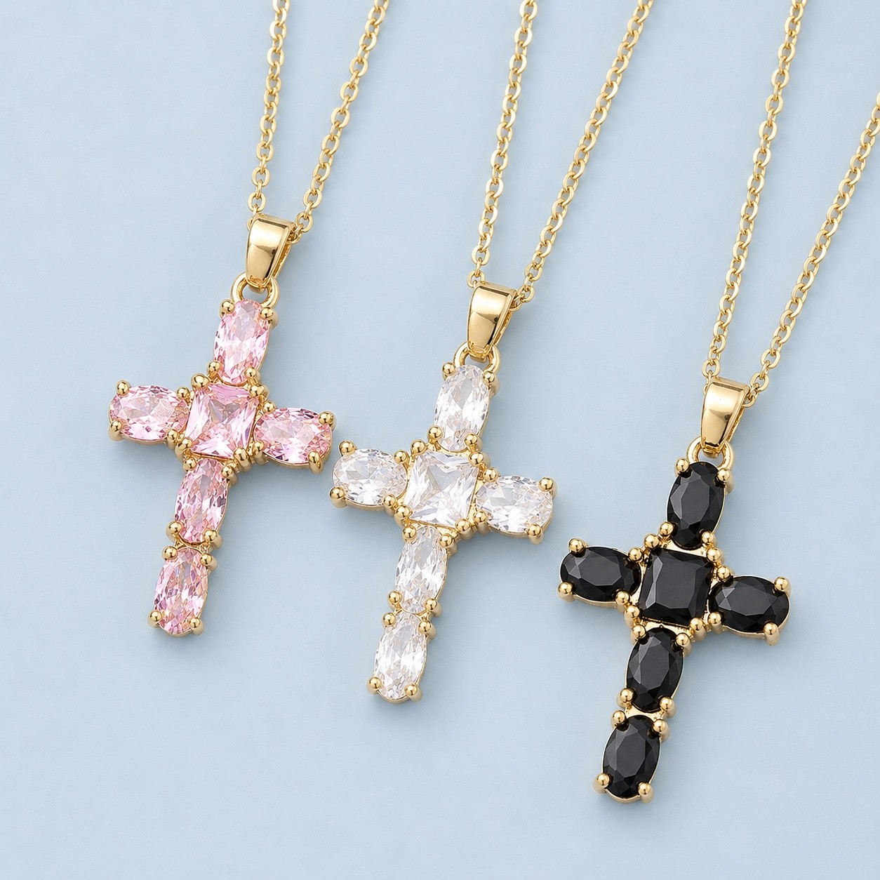 Pendant Necklace Rhinestone Gold Cross Crystal Jet 15.75 in Clear Black N156