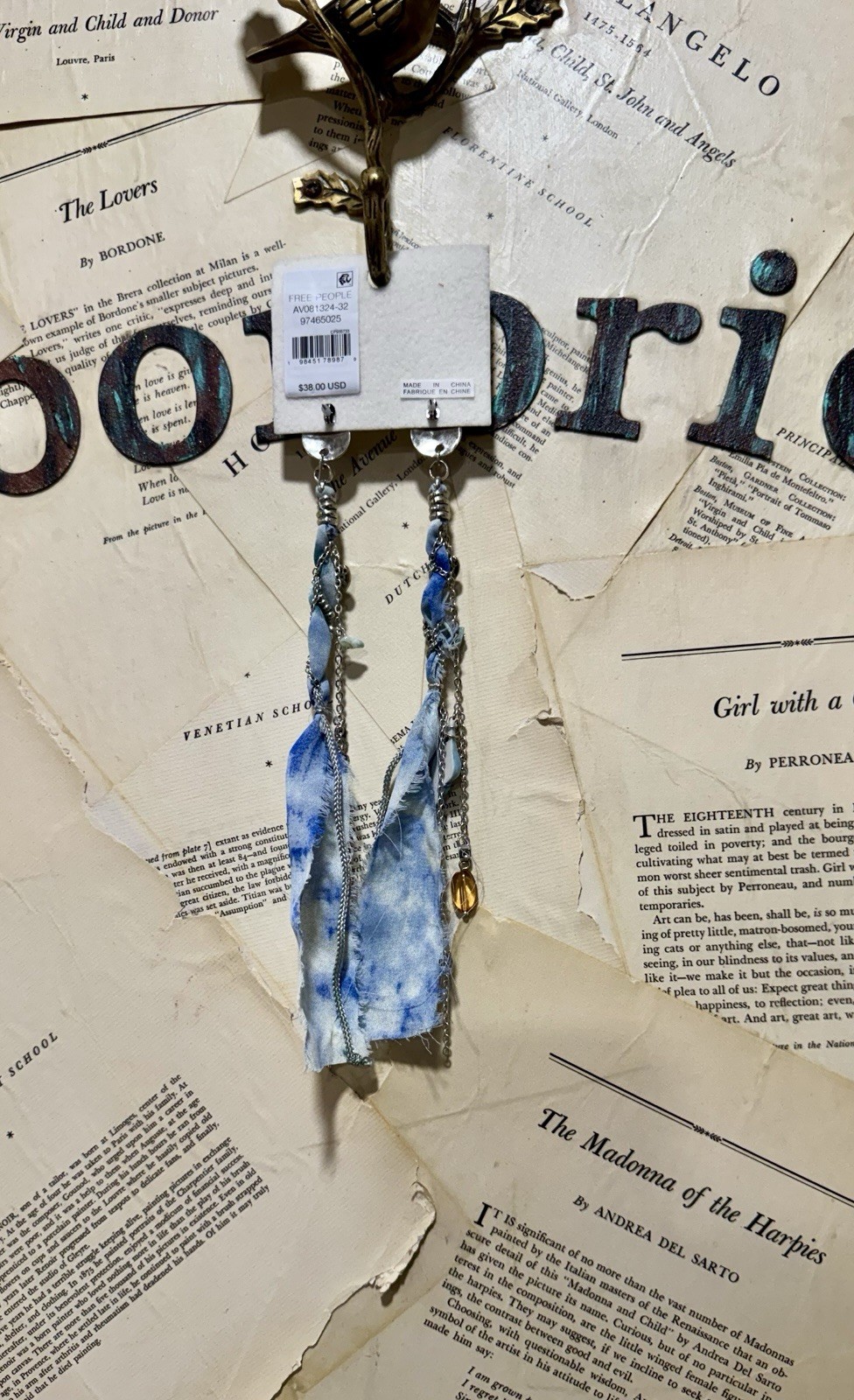 Free People Clearwater Dangle Earrings Charms Shells Ribbon Indigo NWT