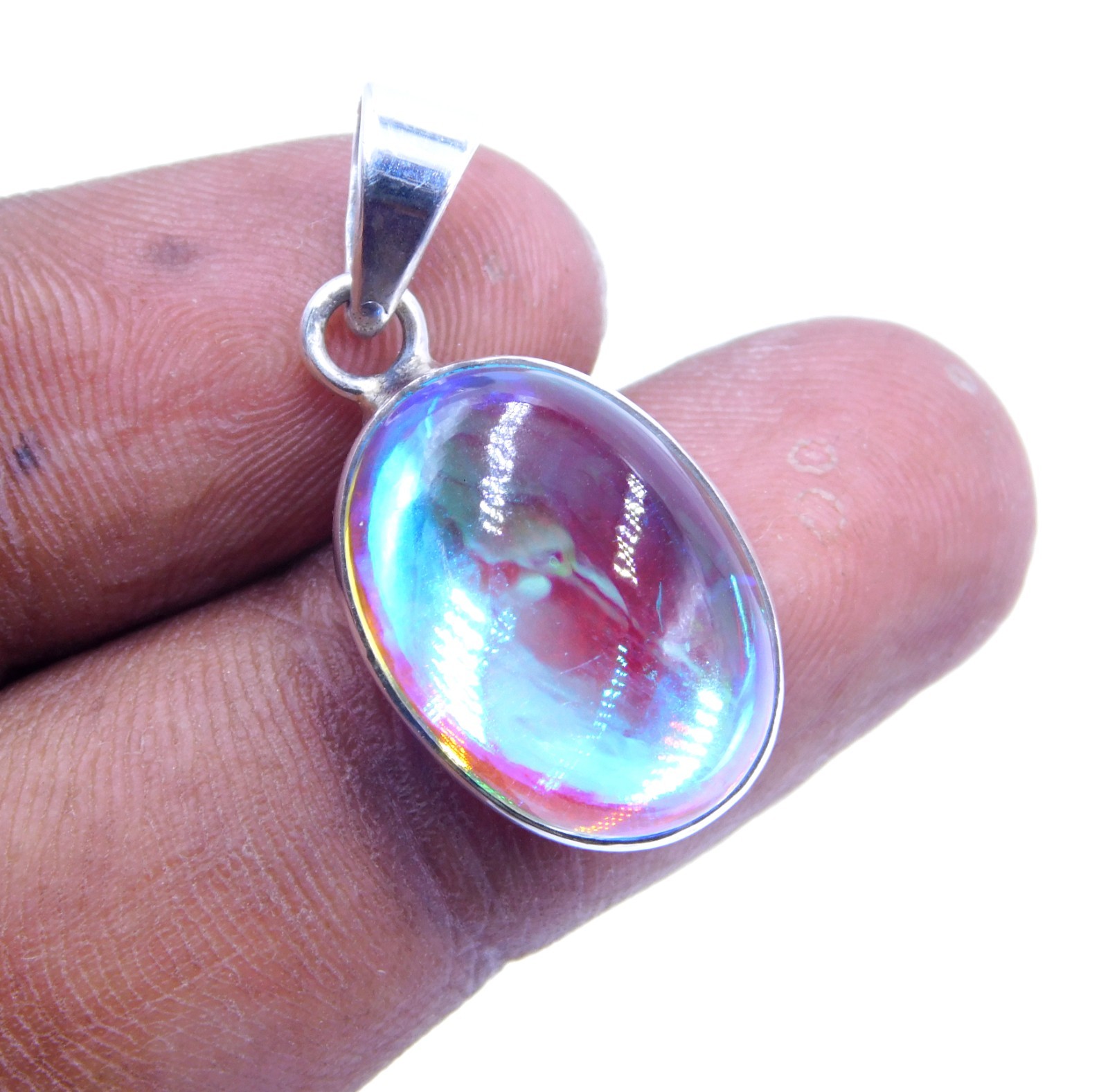 4.48 Gm 925 Sterling Silver Angel Aura Quartz Cab Gemstone Pendant Size 1.2″ in