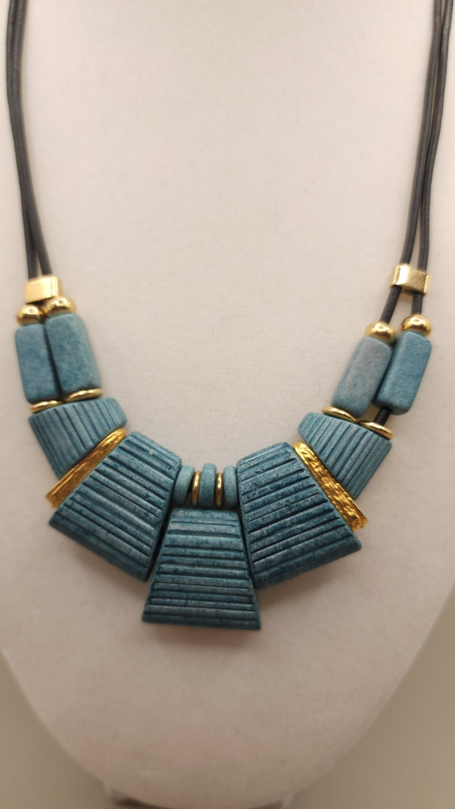 Vintage Modernist Teal Blue Bib Necklace 1980s Geometric Resin Brass Hook Clasp