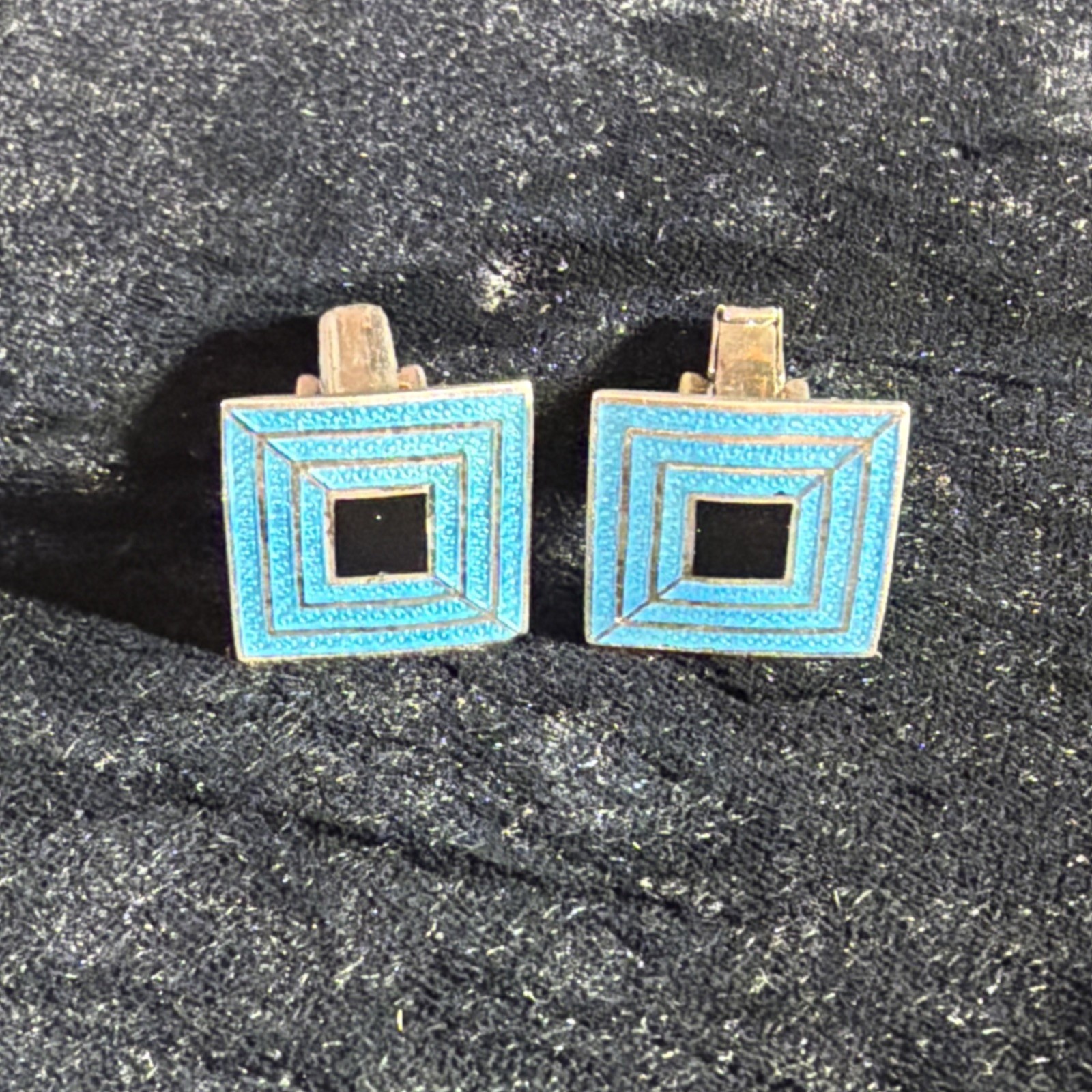 Vintage Taxco Black And Blue Enamel Sterling Silver Cufflinks