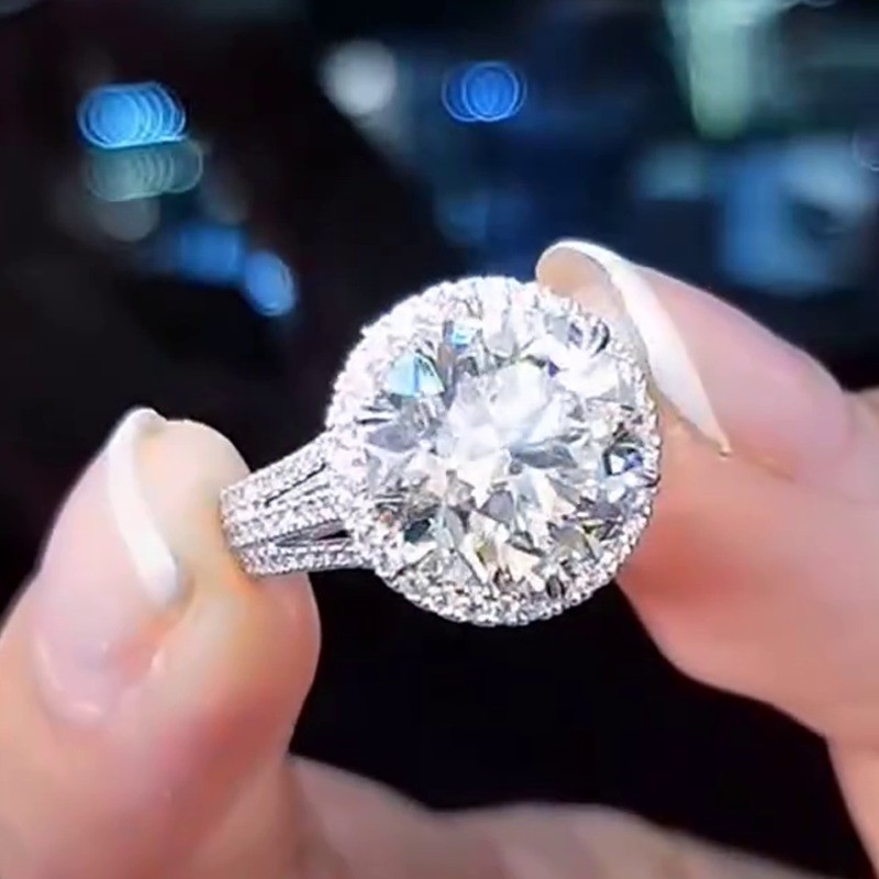 4.2TCW Round Cut Moissanite Three Row Halo Engagement Ring 14K White Gold Plated
