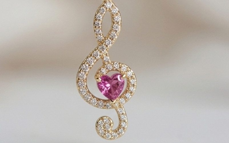 3ct Heart Simulated Pink Sapphire/Diamond Music Symbol Pendant Rose Gold Plated