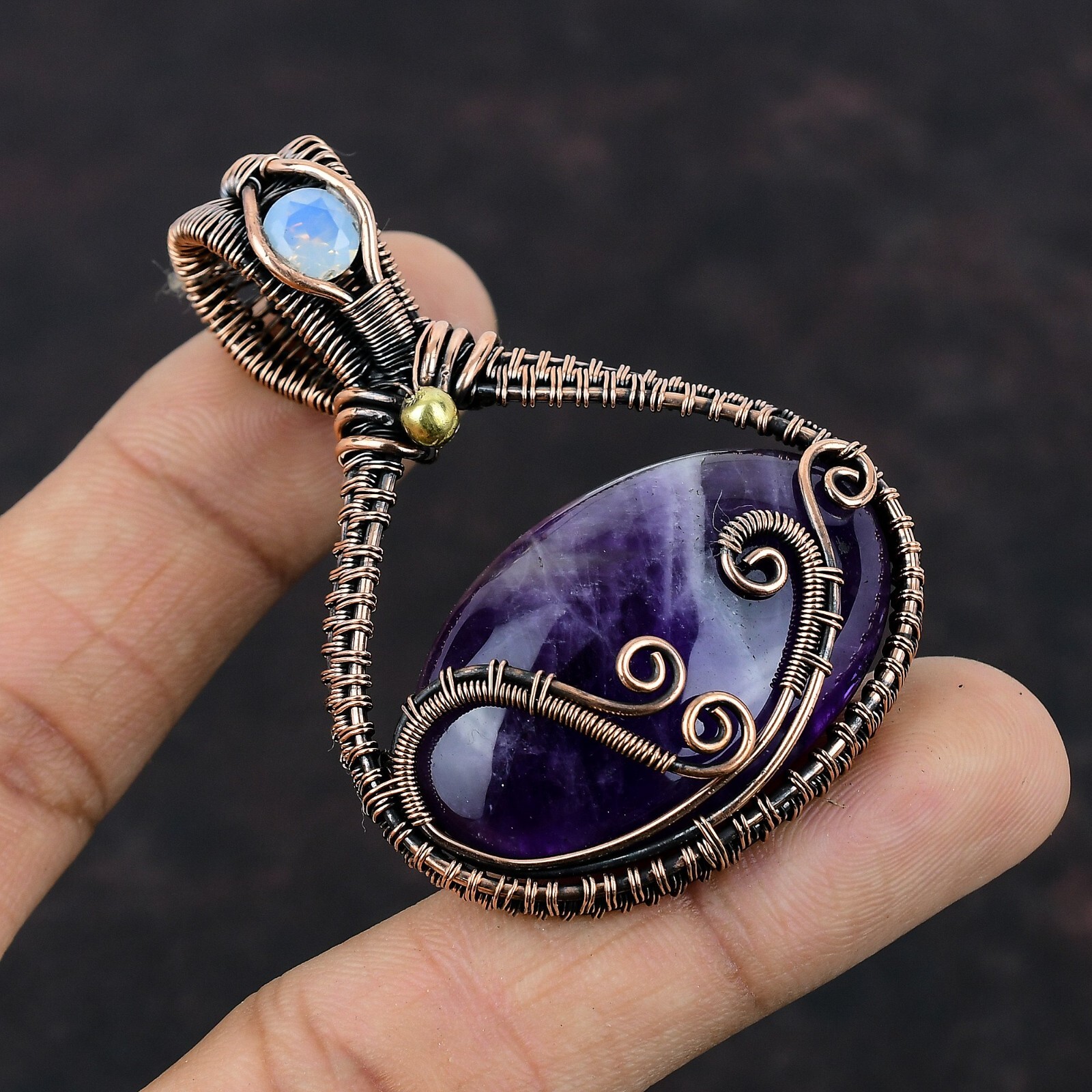 Chevron Amethyst Gemstone Jewelry Copper Love Gift Wire Wrapped Pendant 2.56″