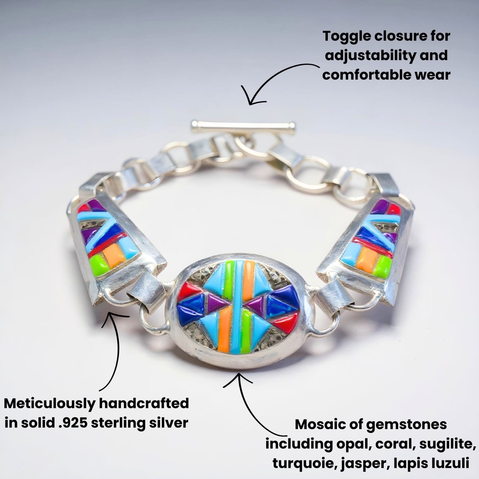 Native Sterling Silver Multi-Gemstone Inlay Cobblestone Toggle Bracelet 17.55g
