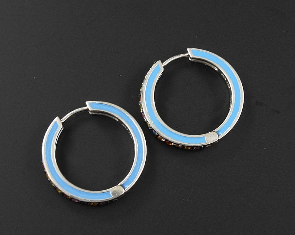 Vintage EFFY Balissima 925 Sterling Silver Enamel Multi Gemstone Hoop Earrings