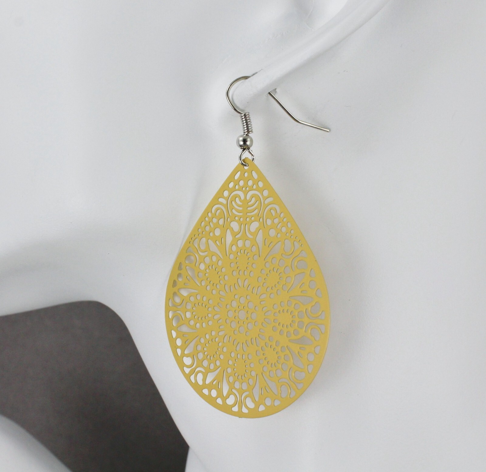 mustard yellow earrings teardrop dangle VERY lightweight oval filigree 2.5″ long