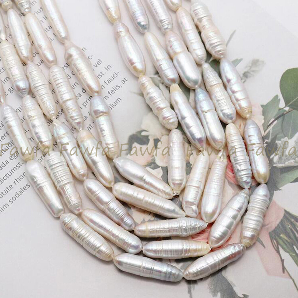 Natural 6x26mm Unique White Freshwater Baroque Long Biwa Pearl Loose Beads 15”