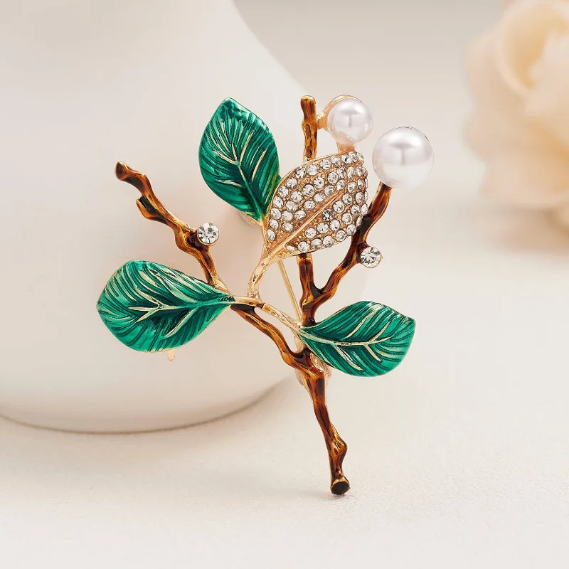 Vintage Plant Brooches For Women Elegant Flower Enamel Pin Pearl Jewelry Gift