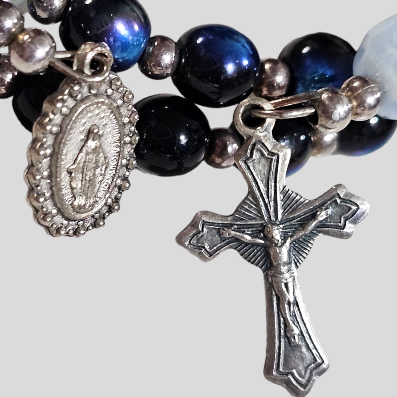 Religious Charm Beaded Coil Wire Wrap Cuff Bangle Bracelet One Size