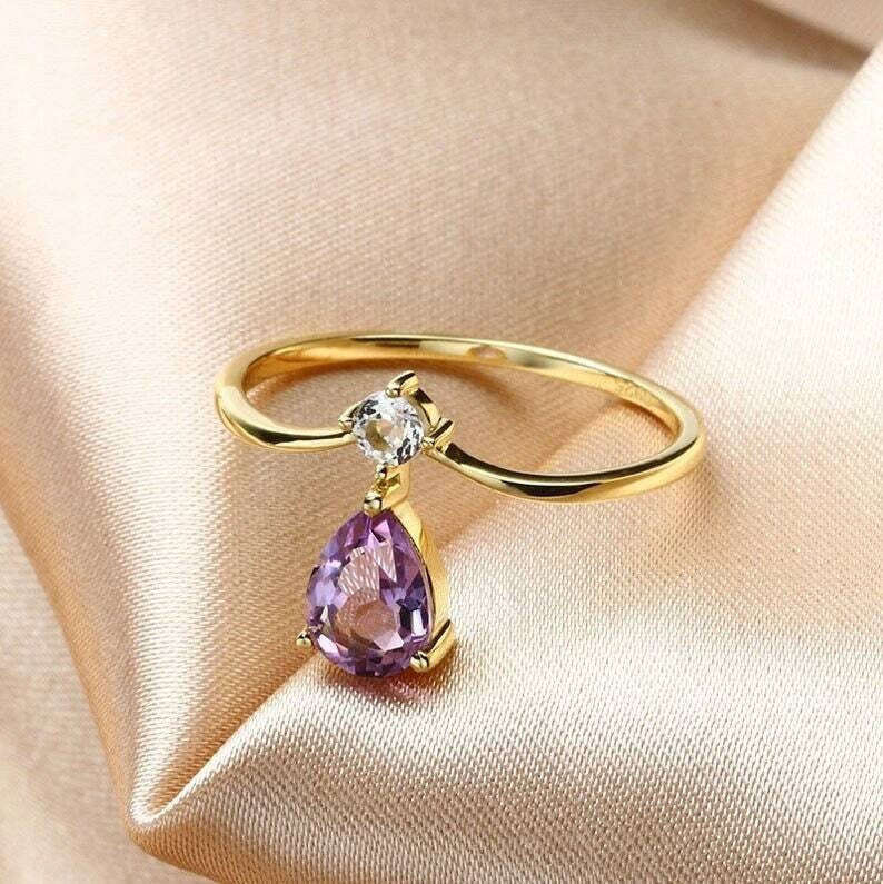 Pear Cut Simulated Purple Amethyst Stunning Wedding Ring 14k Yellow Gold Plated