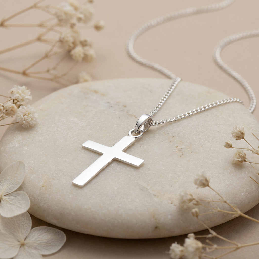 Sterling silver plain Cross pendant necklace with 18 inch chain and gift box