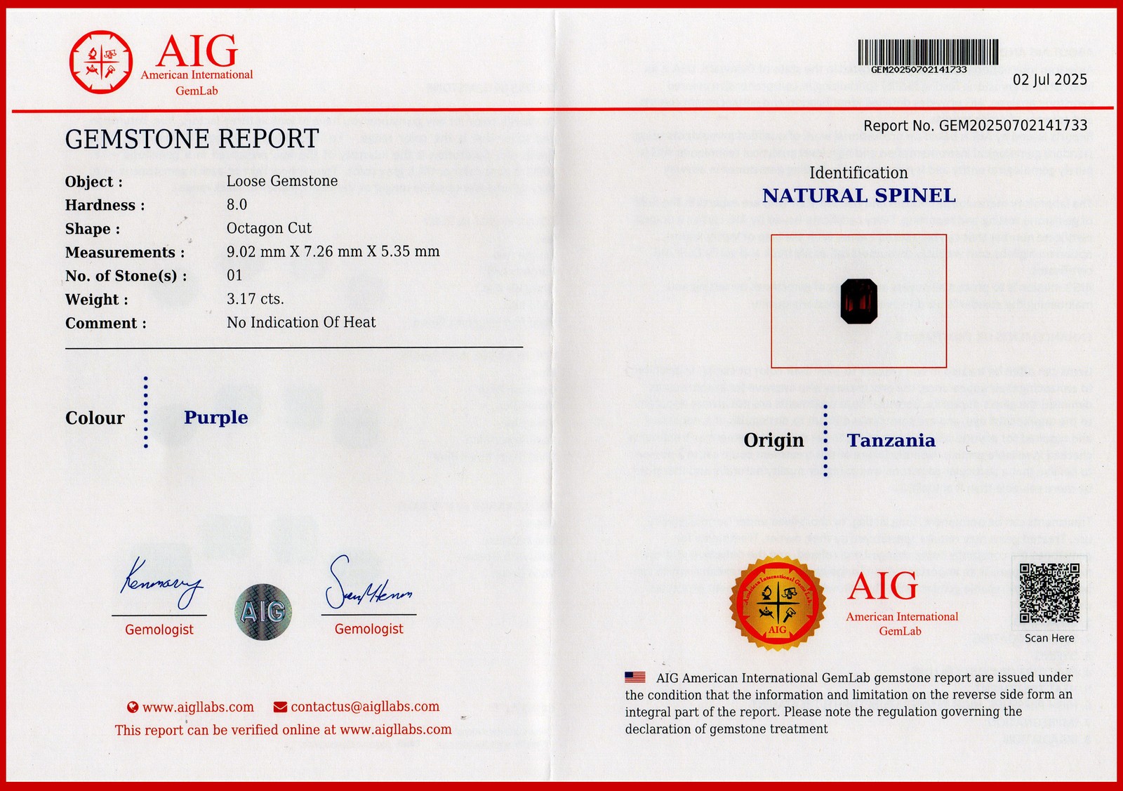 3.17 Cts_AIG Certified_100 % Natural Unheated BEST Purple Pink Spinel_Tanzania
