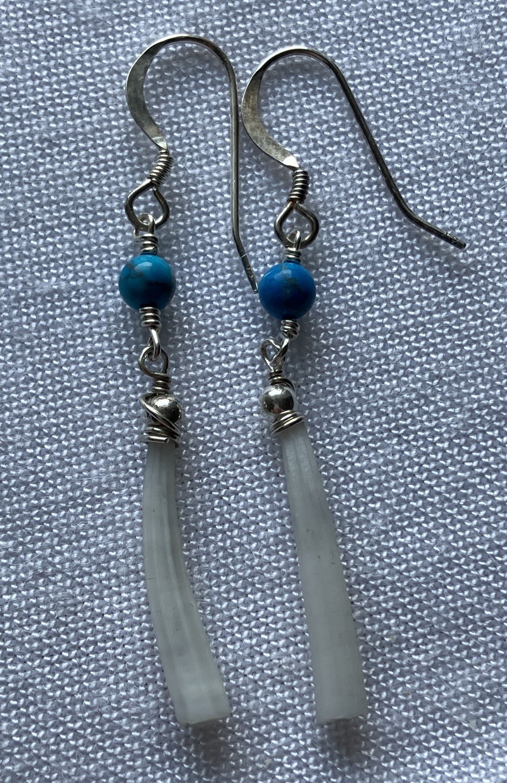 925 Sterling Silver dentallium shell turquoise gemstone dangle earrings HANDMADE