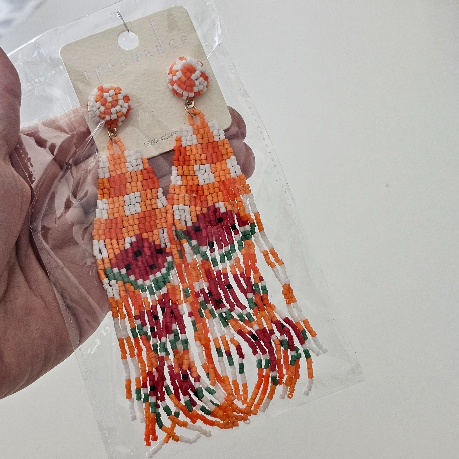 Boho Chic Orange Earrings Watermelon Fruit Dangle Drop Fringe Bead Beaded 5″ NEW