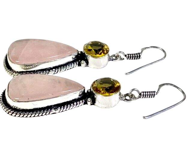 Rose Quartz & Faceted Citrine Teardrop Earrings Double Gems Handmade 12gm 2.8 in