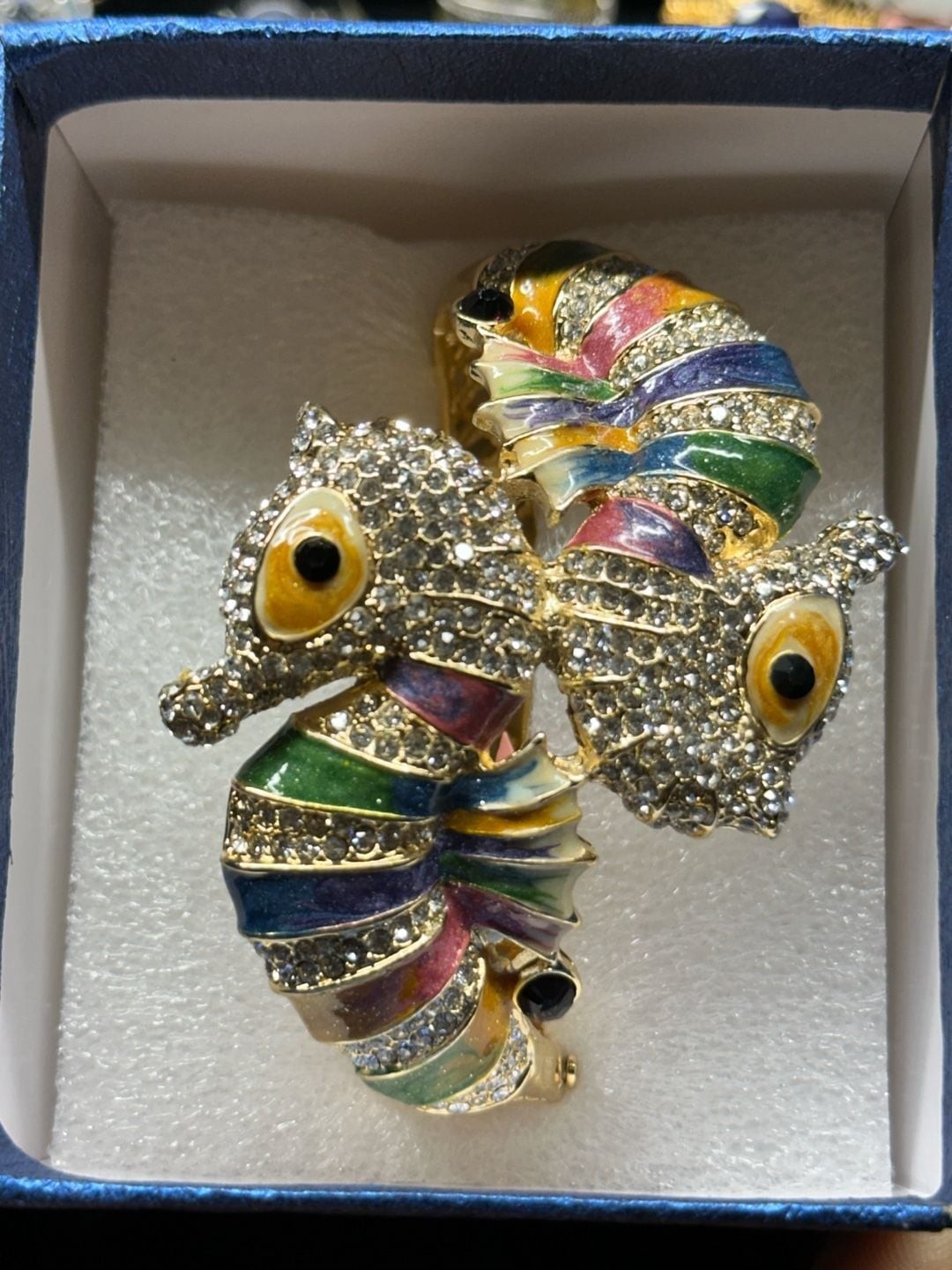 Multicolor Enamel and Crystal Pave Gold Tone Seahorse Figural Brooch
