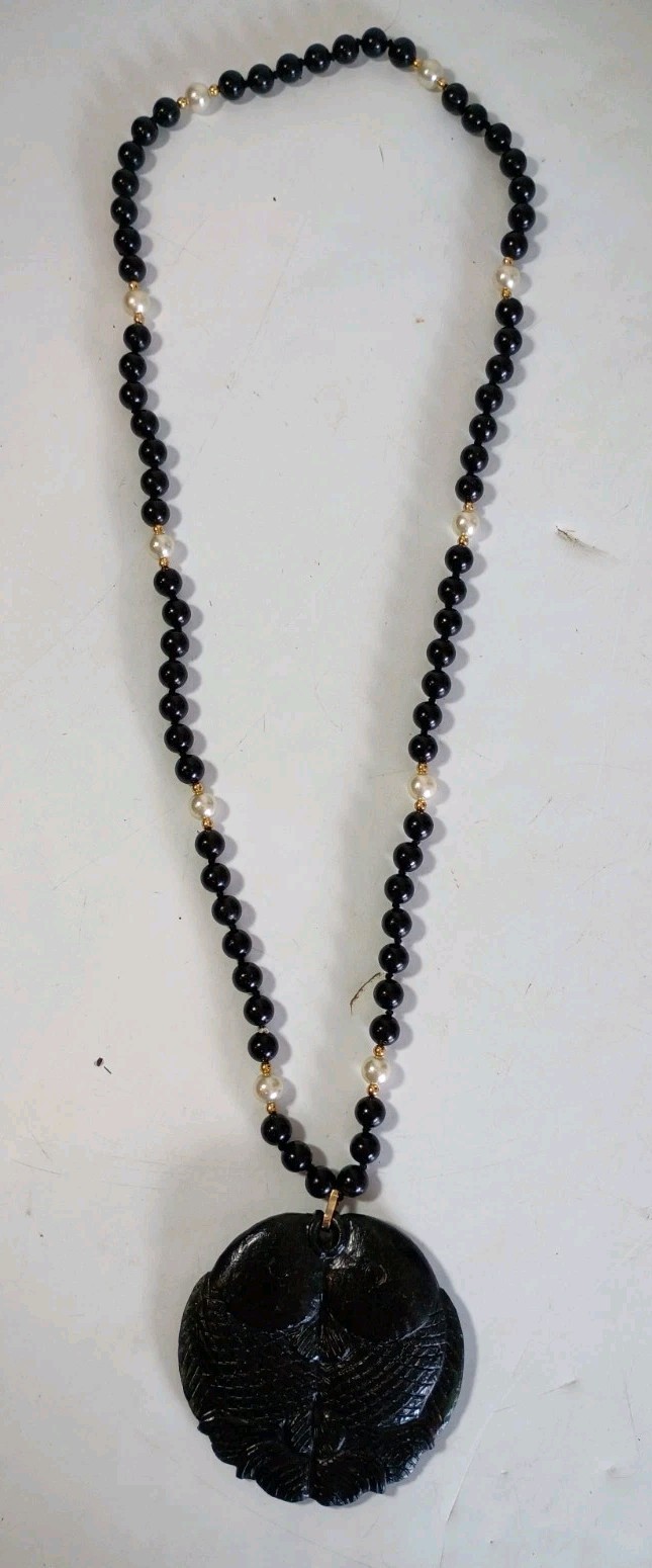 Estate Black Jade 14K Gold Pearl Double Koi Fish Beaded Necklace 28″