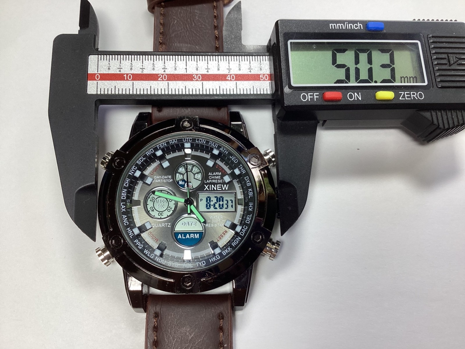 Xinew Mens Watch 50mm Analog Digital Subdials Day Date Alarm WR New Battery 8”