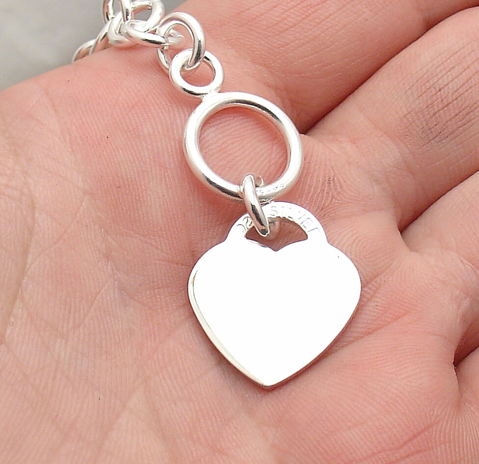 Solid Engravable Heart Tag Bracelet with Toggle Clasp Real 925 Sterling Silver