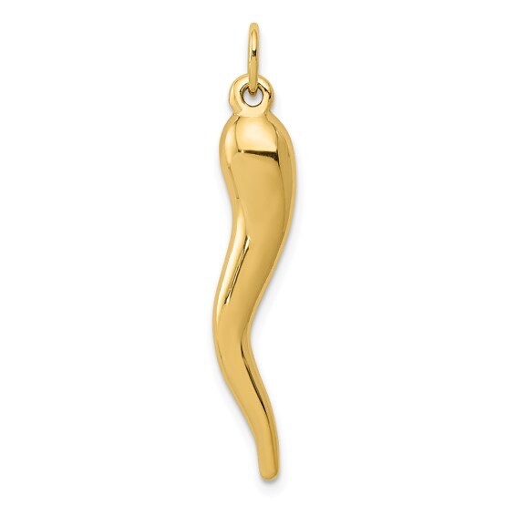 10K Real Gold Italian Horn, Cornicello, Chili 1.3″ Pendant / Necklace – C3041