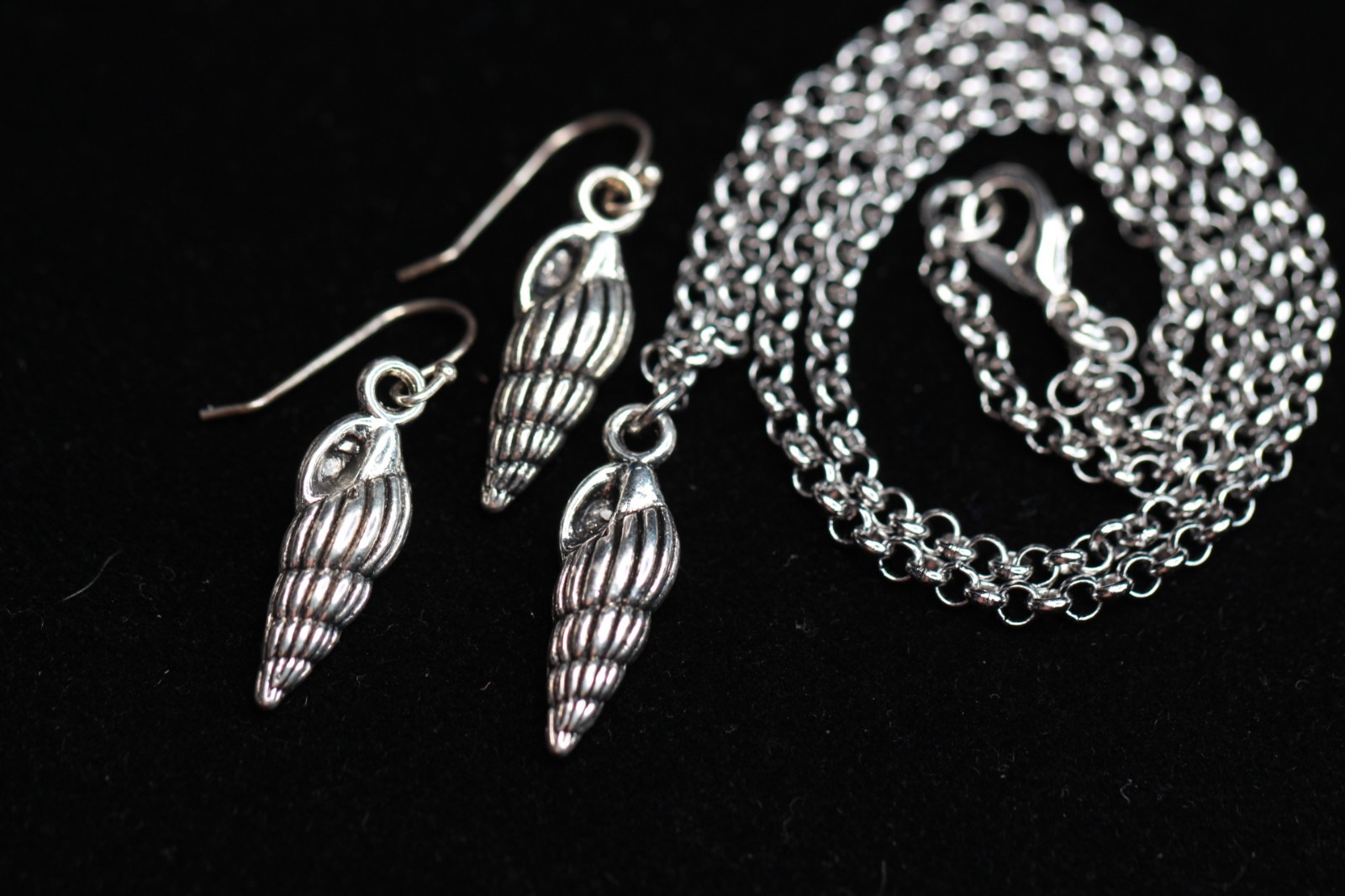 Sea Shell Necklace Set Earrings Silver Pewter Charms, Sterling Silver Hooks