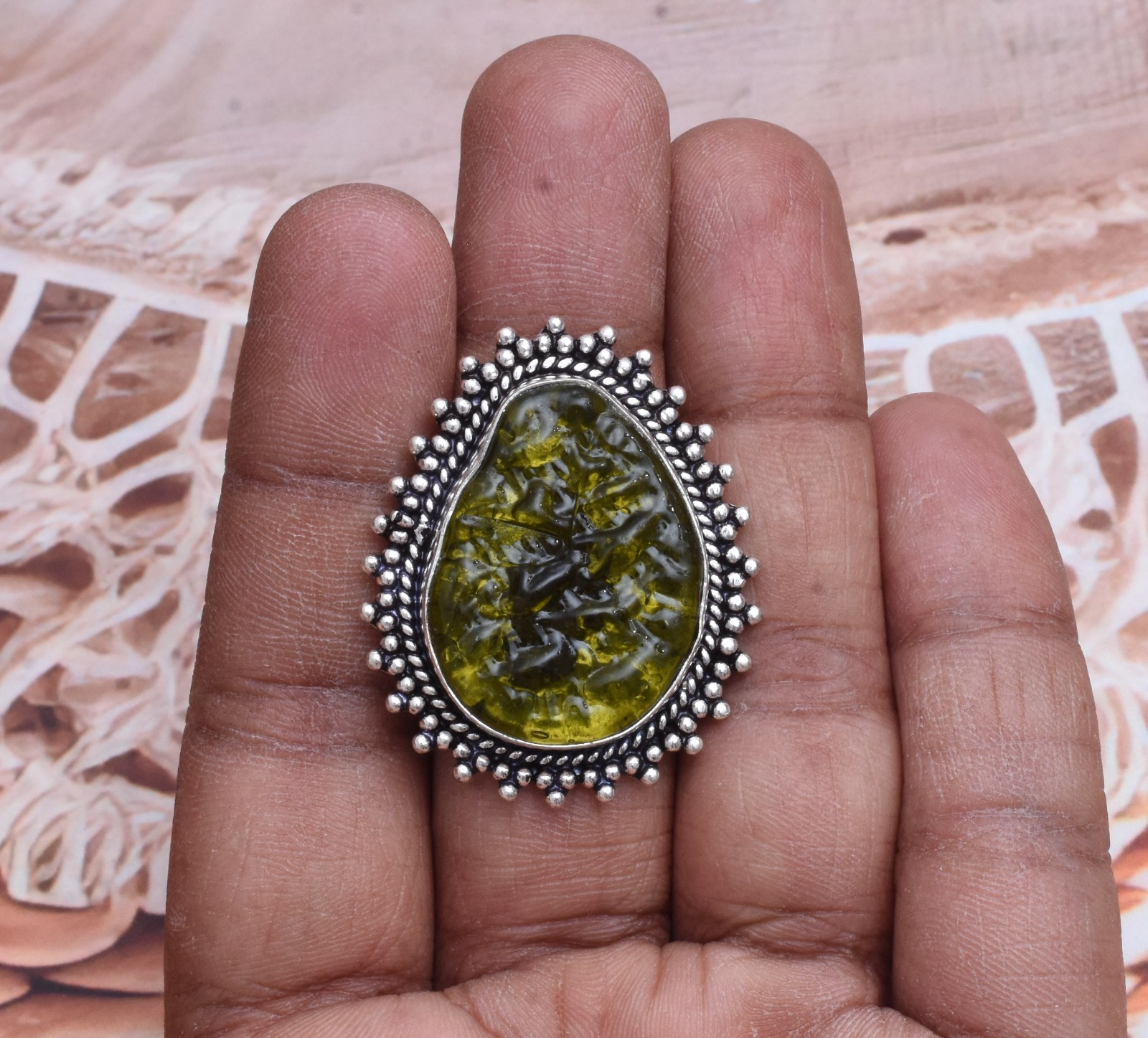 Pleasing Moldavite Gemstone 925 Sterling Silver Handmade Ring U-50