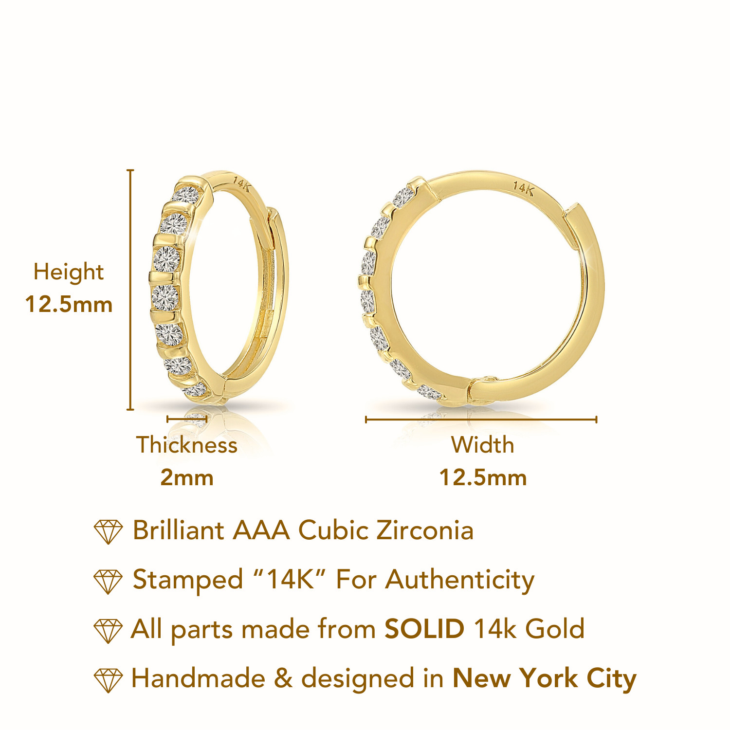 14K Solid Yellow Gold Dainty Pave CZ Eternity Huggie Hoop Earrings Small 12.5MM