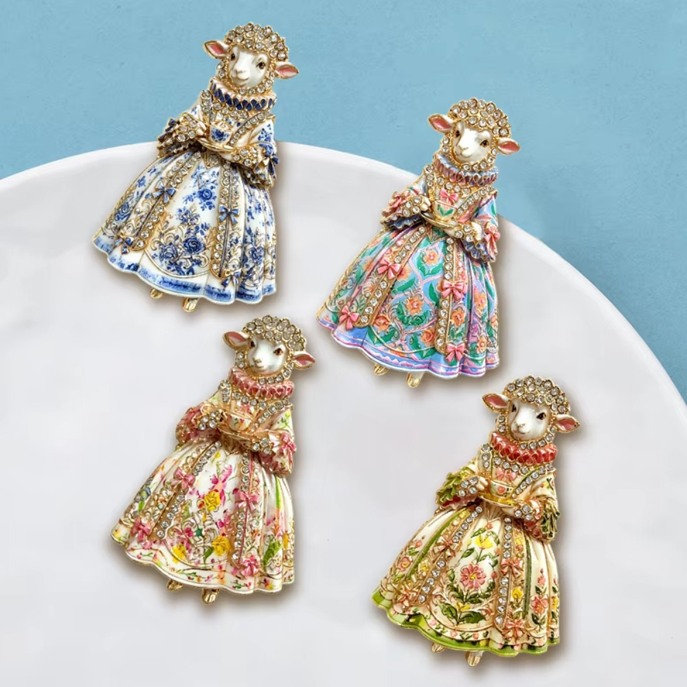 Blue White Porcelain Pattern Sheep Brooch Pin Vintage Gold Crystal Jewelry Gift