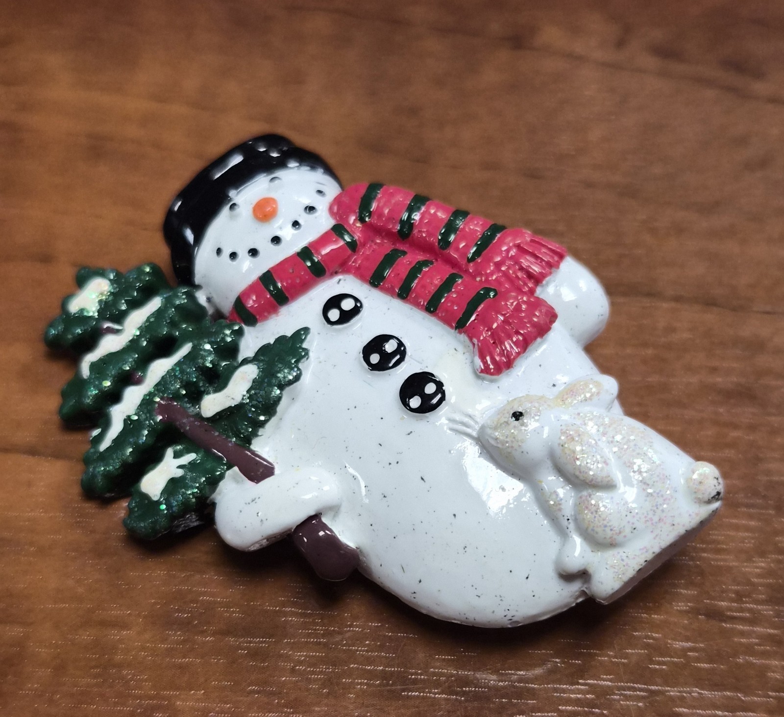 Estate Decorative Christmas Holiday Snowman Holding a Tree & Bunny Pin / Brooch