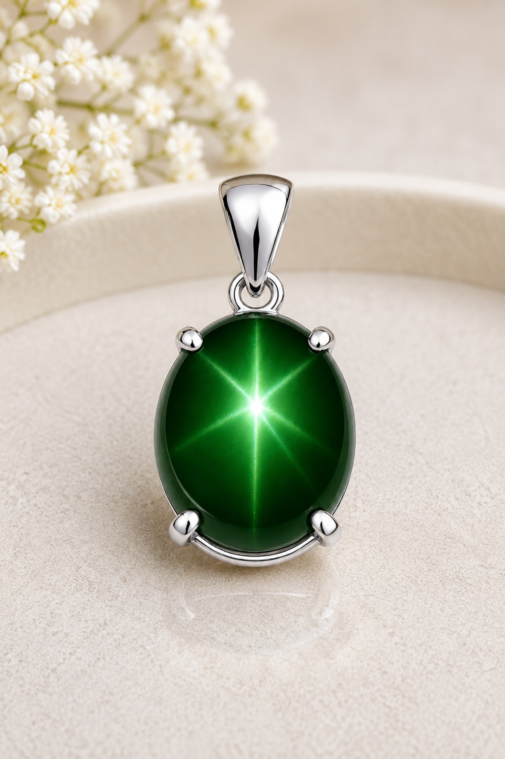 10CT Natural Green Star Sapphire Pendant | Sterling Silver Oval Star Sapphire