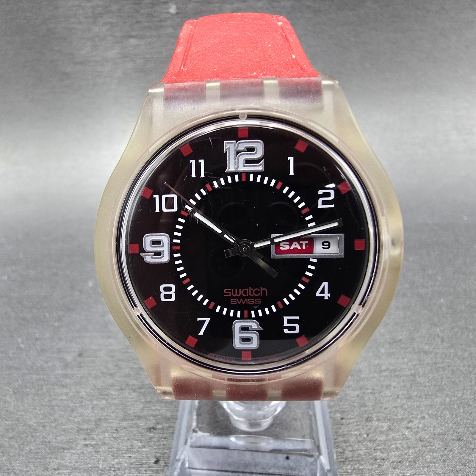 Swatch Ruby Touch Watch Men 38mm Black Dial Clear Case Daydate Round New Battery