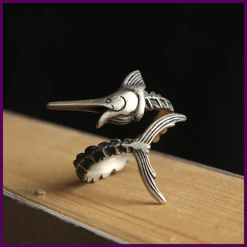 Buyee 925 Sterling Silver Male Ring Finger Marlin Fish Open Ring for Women