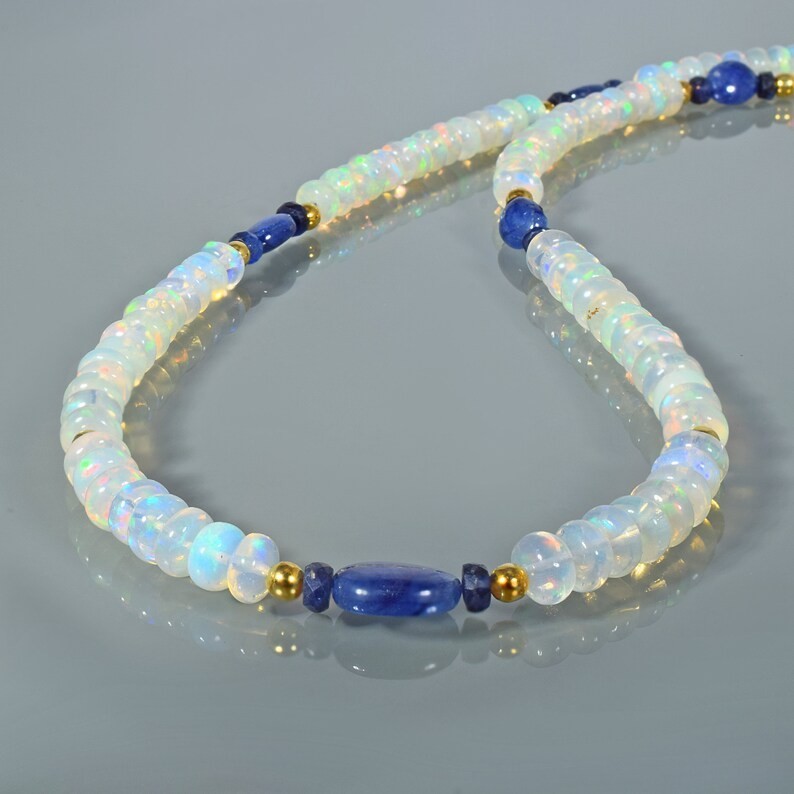 Natural Welo Fire Opal Blue Sapphire Beaded Necklace 925 Silver 18 in Handmade
