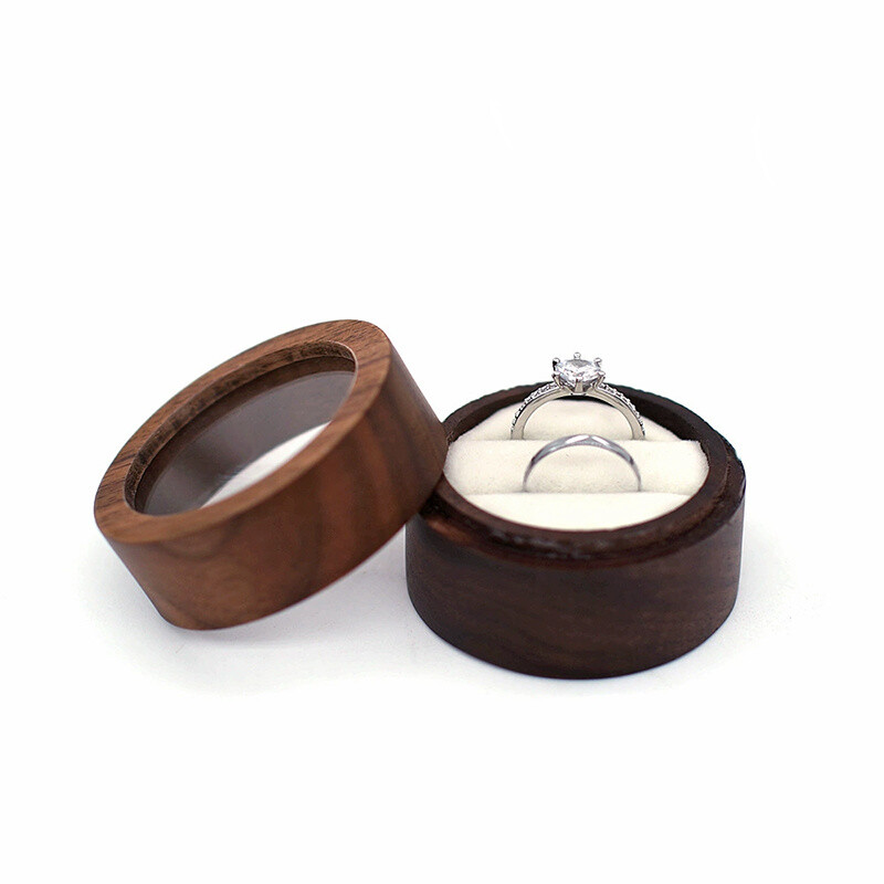 Round Wooden Jewelry Ring Box with Clear Window&Two Slots Gift Collection Case