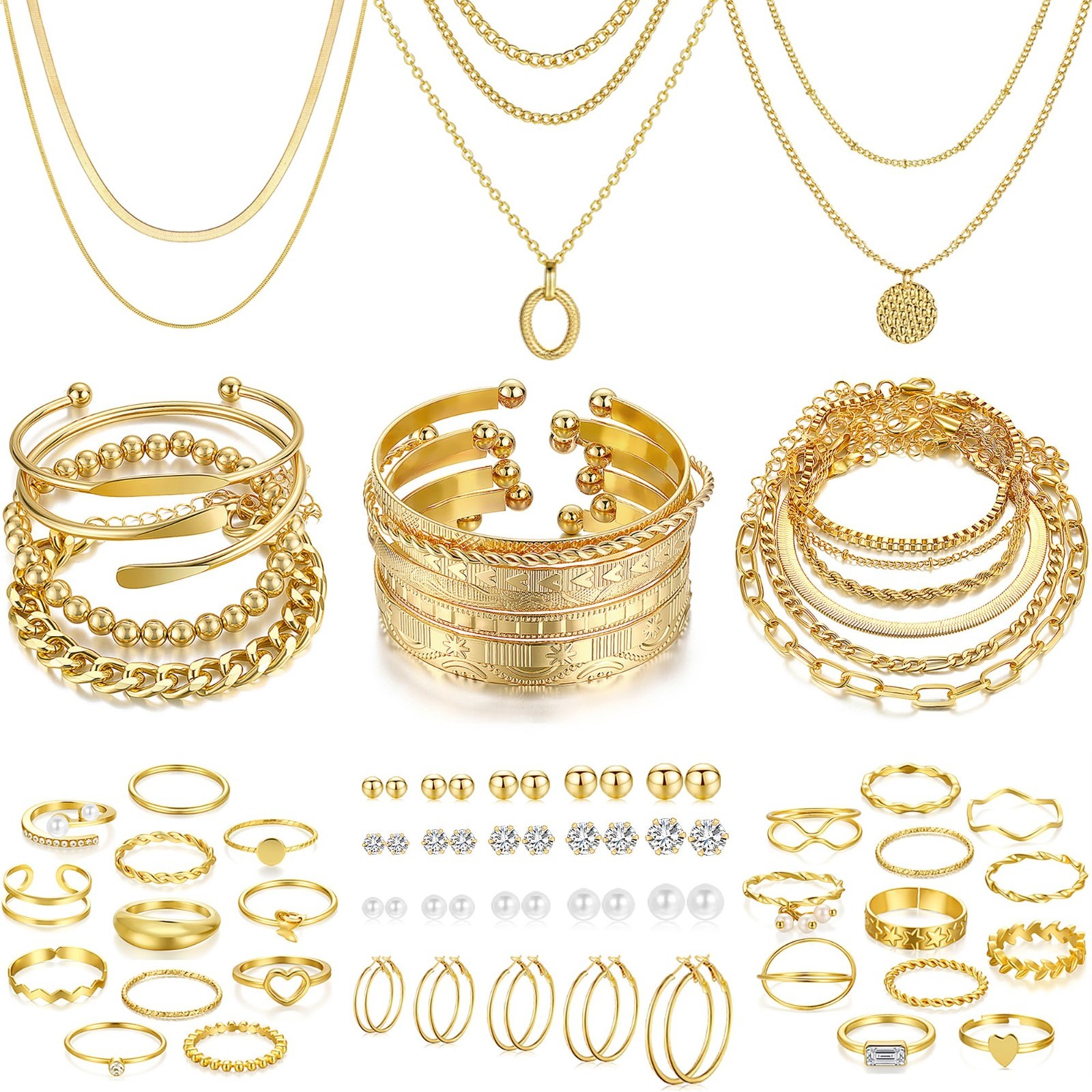 68 Pcs Women’s Gold Jewelry Set – Necklaces, Bracelets, Earrings & Rings Gift