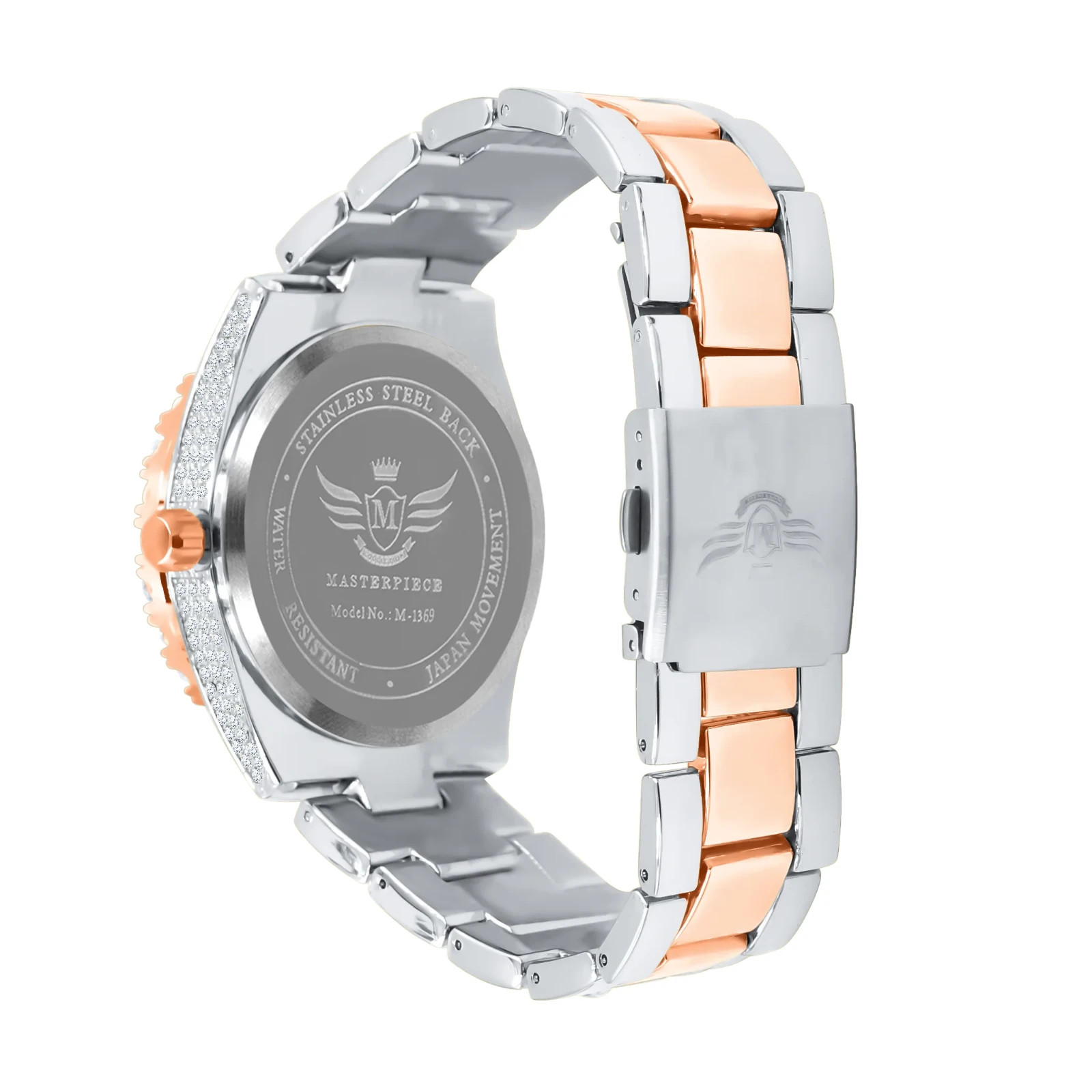 Men’s Two Tone Rose Gold Silver Bling Watch CZ Crystal Bezel Quartz Date 40mm