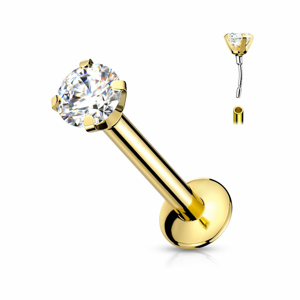 14K SOLID GOLD 16G 2mm CZ THREADLESS PUSH PIN IN LIP LABRET TRAGUS EAR RING STUD