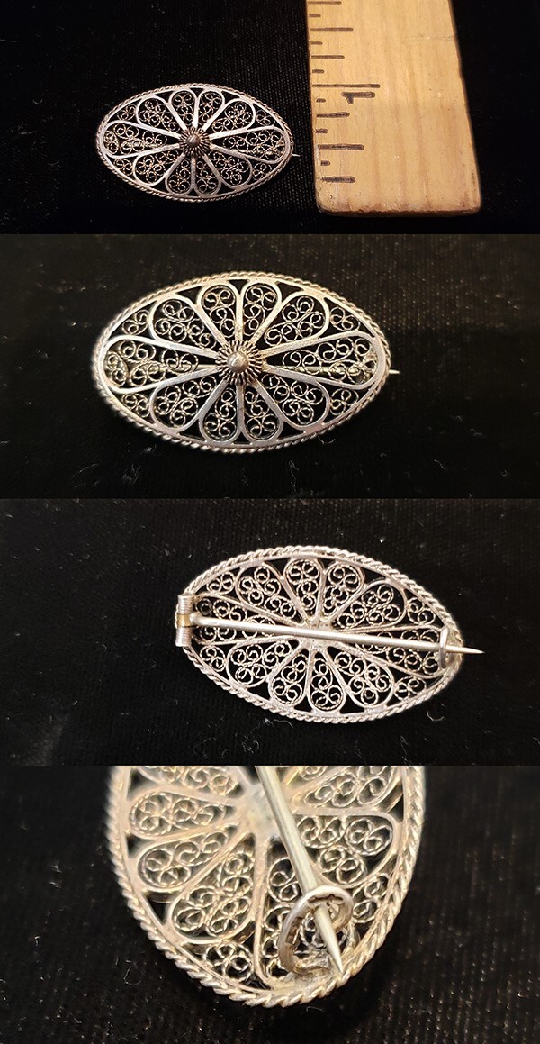 Antique Vintage Sterling Silver Art Deco Rope Twist Bead Filigree Pin Brooch c90