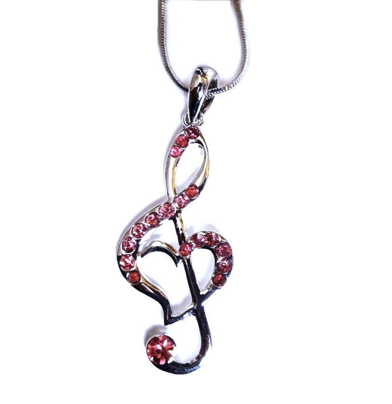 Silver Tone Pink Crystal Treble G Clef Music Note Heart Necklace Fast Shipping