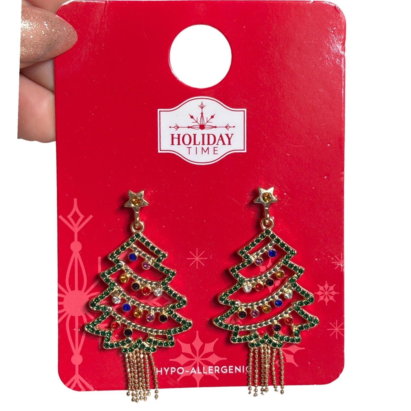 Holiday Time Christmas Tree Drop Earrings Green Rhinestone Gold Tone Star Fringe