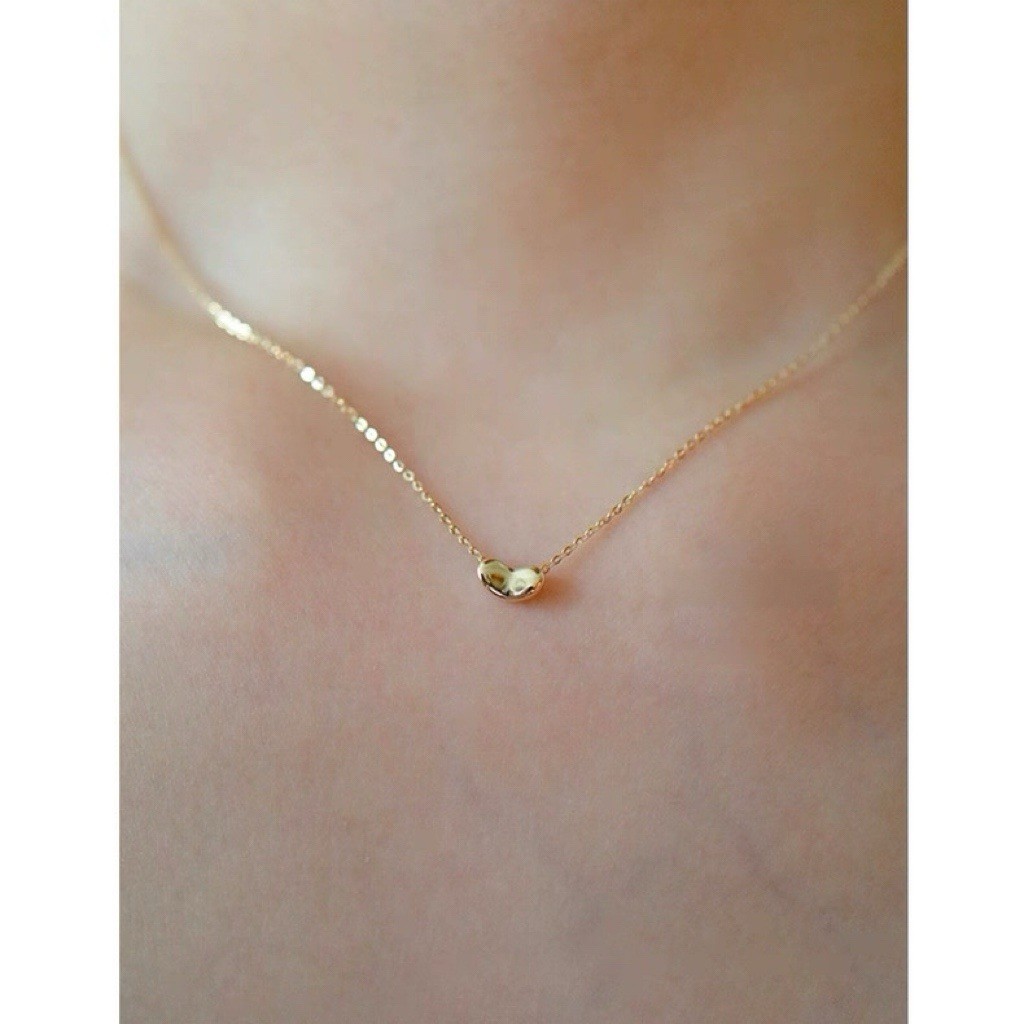 Solid 14K Yellow Gold Bean Pendant Necklace AU585 Stamp, 16.5” Adjustable